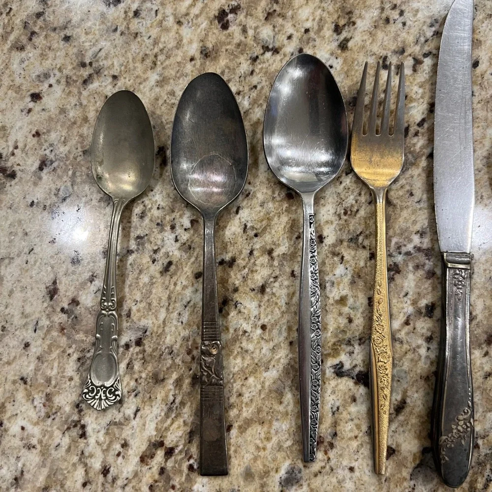 Vintage Mismatched Flatware Lot 8pc someSilverplate Gold Tone Floral Spoons Fork